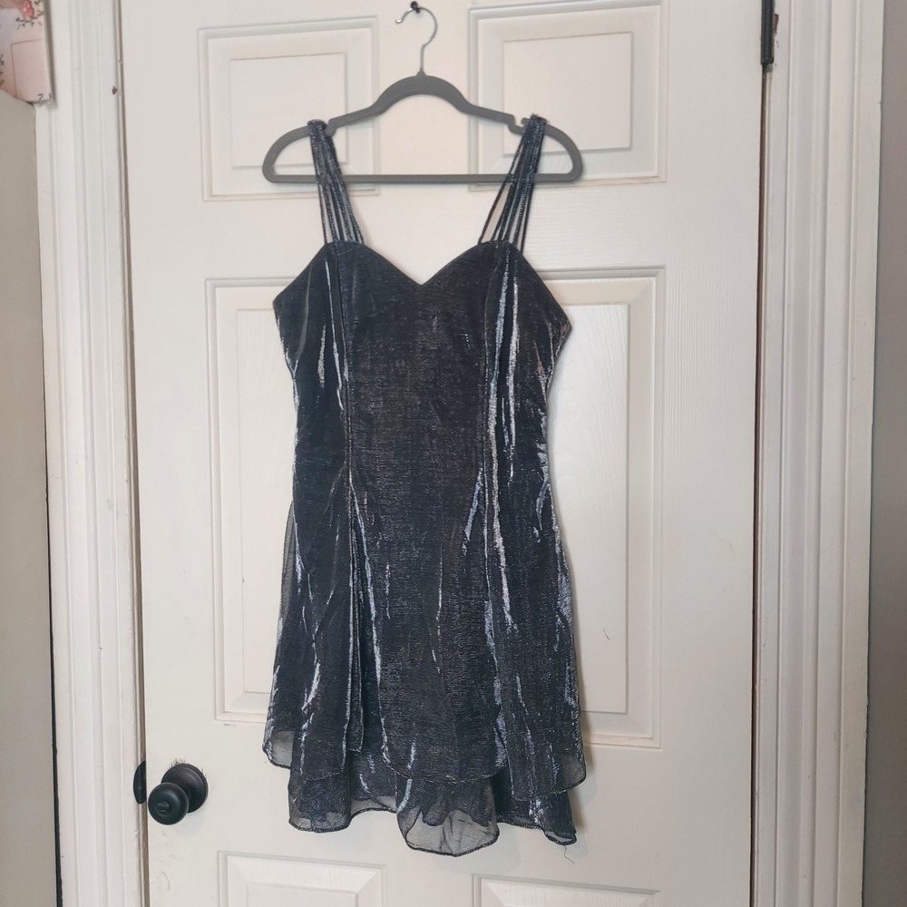 Renditions New York Vintage 90s Metallic Silver Black Multi Strap Mini Dress 8